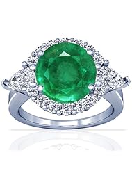 14K White Gold Round Cut Emerald Ring With Sidestones