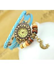 KANO BAK(TM) Vintage Wrap Around Leather Retro Weave Wrap Quartz Bracelet Woman Unisex Star Moon Gift Watch Sky Blue