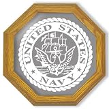 U.S. Navy Military Etched Mirror - Solid Oak Octagon Framed Wall Mirror, 20 inches