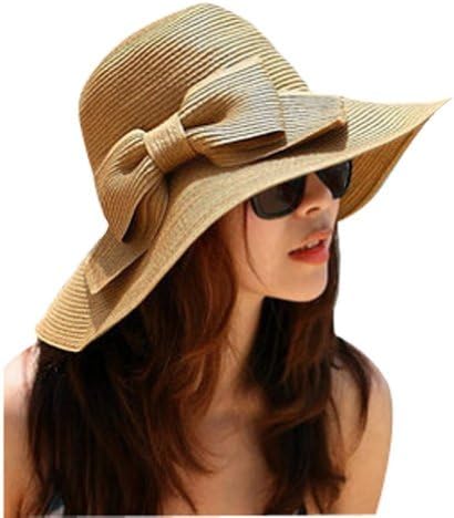 WXBUY Womens Bowknot Traveling Floppy Straw Wide Brimmed Sun Hat