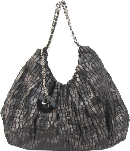 Minerva Collection Large Designer Style Faux Fur & Snakeskin Handbag Black