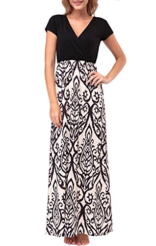 Zattcas Womens Summer Contrast V neck Empire Waist Floral Print Maxi Dress (X-Large, Taupe)