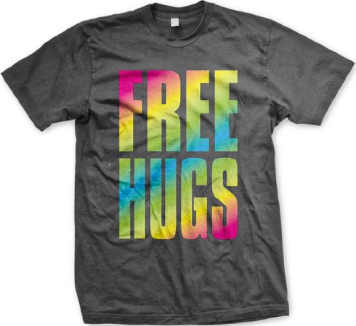 Oversized Rainbow Free Hugs Mens T-shirt, Big and Bold Neon Free Hugs Men’s Tee Shirt,  Charcoal