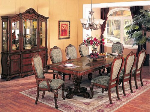 All new item 7 pc walnut finish wood Napoleon collection marble top double pedestal dining room table set