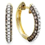 14K Yellow Gold Round White & Champagne Diamond Cocktail Hoop Earrings (1.15 cttw, H-I Color, I1-I2 Clarity)