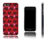 Lilware Stylized Heart Imprint Flexible TPU Gel Case For Apple iPhone 5 and 5S. Custom Texture of Pink Hearts and Retro Style Lines. Carrying Strap Included. Red