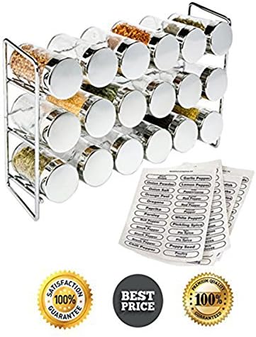 Polder 5429-05 3-Tier Chrome Spice Rack includes 18 Glass Jars with Chrome Lids, Bonus Set of 48 Spice Labels