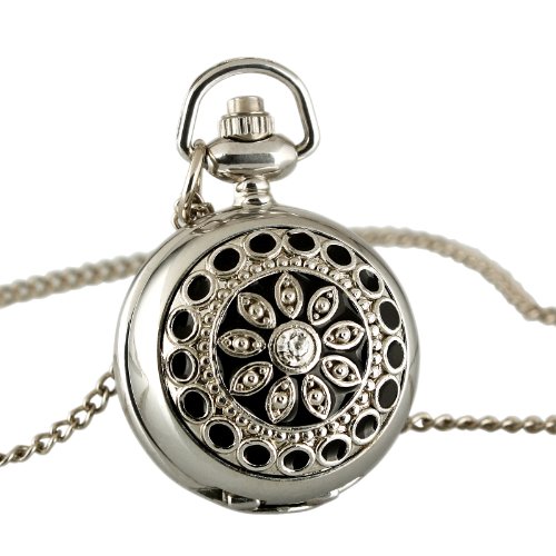 ESS Ladies Stainless Steel Case White Dial Black Pattern Front Necklace Pendant Pocket Watch WP021