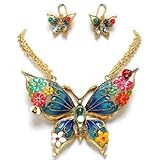 Beautiful Chunky Extra Large Multi Color Butterfly and Flowers Gold Tone Statement Pendant Necklace and Earrings Set Elegant Trendy Fashion Jewelry
