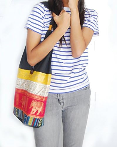 Hippie Hobo Sling Crossbody Bag Purse Traditional Thai Handmade elephant sewing (Red&amp;Yellow)