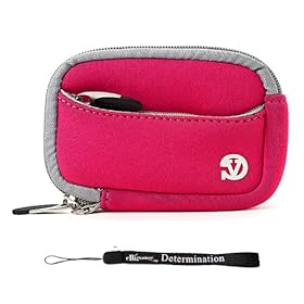 PINK WITH GRAY TRIM Neoprene Protective Durable Mini Glove Pouch For Sony Bloggie Duo / 3D / Touch Point And Shoot Digital Camera + Includes an eBigValue TM Determination Hand Strap