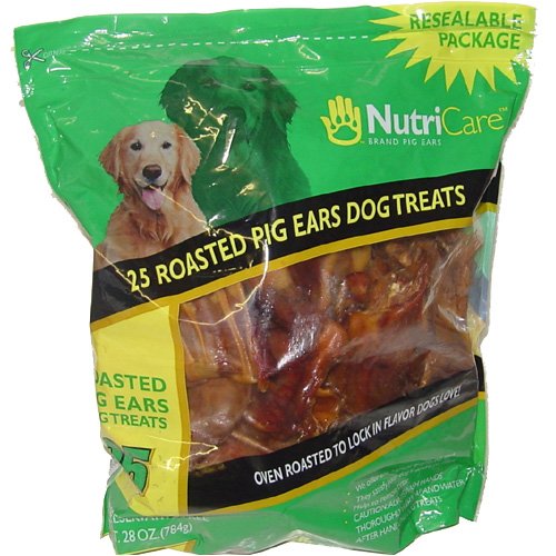 NutriCare Brand Pig Ears * 25 Oven Roasted (100% Preservative Free) Pig Ears Dog Treats * Net Weight 28 oz.