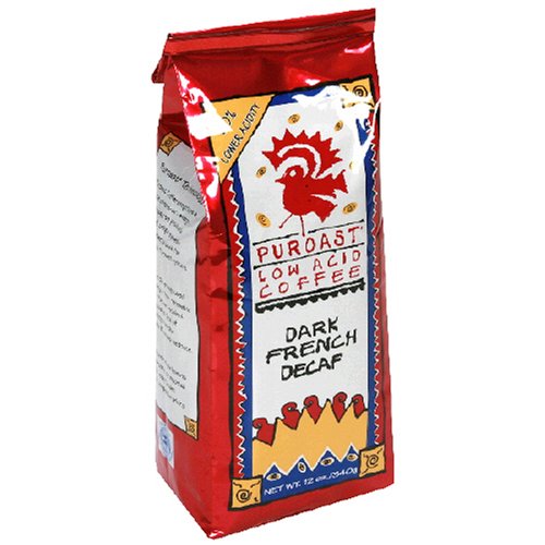 Puroast Low-Acid Whole Bean Coffee, Dark French, Decaffeinated, 12-Ounce Bag (Pack of 3)