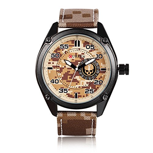 Tidoo Watches Mens Sports Army Force Military Skull Camouflage Large Round Analog Dial Wrist Watch Japaneses Quartz Movement Staintless Steel Case Camel Canvas Band Black Face
