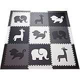 SoftTiles Safari Animals Kids Foam Playmats w/Sloped Edges Large Foam Mats- 2' Floor Tiles 78" x 78" (6.5' x 6.5') (Black, Gray, White)