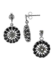 Sterling Silver Round Cubic Zirconia and Marcasite Post Back Findings Earrings and Pendant Jewelry Set
