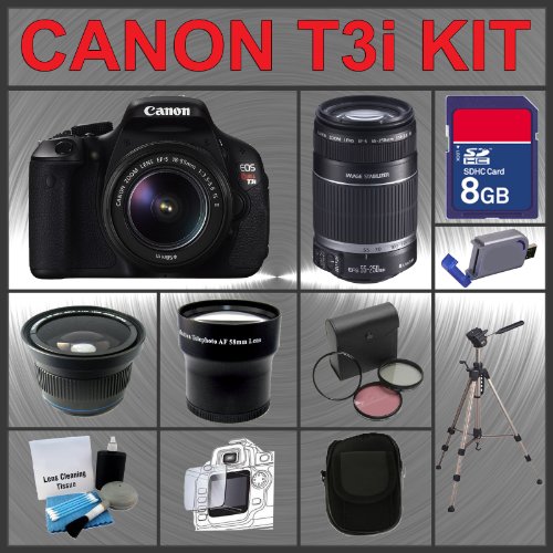 Canon EOS Rebel T3i 18MP Digital Camera with EF-S 18-55mm IS II Lens & Canon EF-S 55-250mm f/4.0-5.6 IS Telephoto Zoom Lens + 8GB Memory Card + 3 Piece Lens Filter Kit + 2.0 USB SD Memory Card Reader + Wide Angle Lens with Macro Extension + Telephoto Digital Conversion Lens + Lens / LCD Cleaning Kit + Camera Carrying Case + LCD Screen Protectors + Full Size 53'' Tripod with Case + Accessory Kit