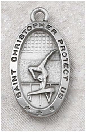 Genuine Pewter Saint St St. Christopher Protection of Travelers Girls Gymnastics Medal Pendant - Comes with 18" Rhodium Plated Chain and Red Velour Box