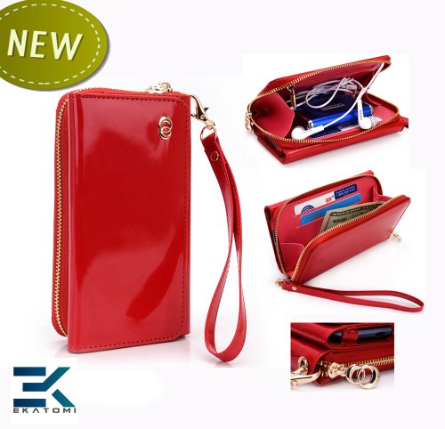 Alcatel Miss Sixty Case - GLOSSY RED | Women's PU Leather Wallet Wristlet Universal Phone Clutch. Bonus Ekatomi Screen Cleaner