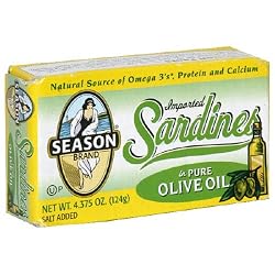 Season Sardines in Pure Olive Oil, 4.375-Ounce Tins (Pack of 12)