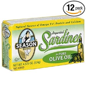 SEASON Club Sardines in Pure Olive Oil, 4.375-Ounce Tins (Pack of 12) by SEASON