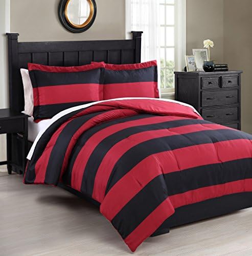 Full Microfiber Kids Rugby Stripe Red/Black Reversible Comforter Set
