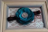 Gorgeous Teal Rosette with Hand-made Beaded Pearls and Rhinestone Center on Soft, Stretchy Choco Brown Headband. Fits Baby up to Young Girl.