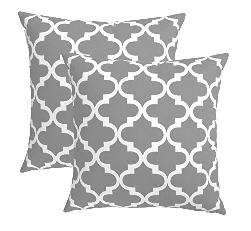TreeWool, (Pack of 2) Cotton Canvas Trellis Accent Decorative Throw Pillow Covers (18 x 18 Inches, Silver Grey & White)