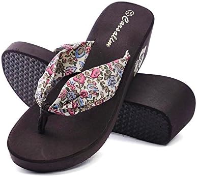 Brown Beach Mid Heel Wedge Women's Printed Cloth Flip Flop 8 M US Women