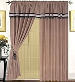 Meriddia Brown and Cream Microsuede Panel with Taffeta Backing Window Curtain / Drape Set with Valance