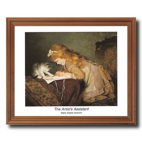 Victorian Little Girl Drawing On Bed With Her Cat Wall Picture Oak Framed Art Print