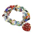 Hand-Blown Red Heart Charm on 3-Rows of Hand-Blown Multi-Colored Glass Chip and Sterling Silver Bead Bracelet, 7.5"