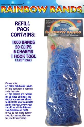 Rainbow Bands TM 1000 Rubber Band Solid Color BLUE Refill Bundle Pack with 50 Clips + 6 Charms + 1 Hook Tool - Fully Compatible with all LOOM Kits