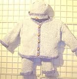Cpk95, Knitted on Hand Knitting Machine Finished By Hand Crochet Blue Chenille Denim Trim Infant Boys Cardigan Pant Hat Set Trimmed with Brown Football Button