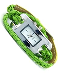 Fashion Womens Quartz Square Dial Weave Wrap Fuax Leather Bracelet Watch Green