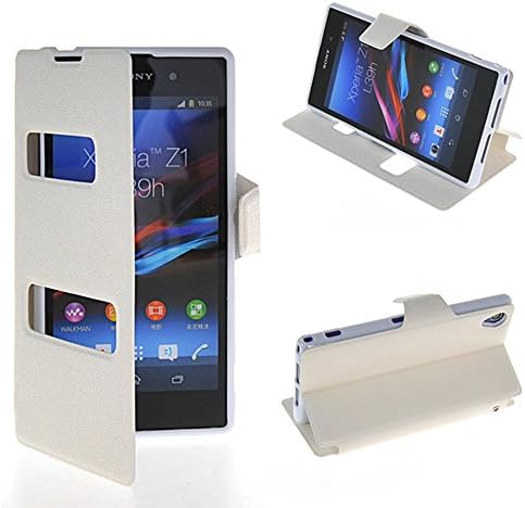 Xperia Z1 Case,COOLKE [White] WHITE View Window Wallet Flip Leather Case Cover For Sony Xperia Z1 L39h