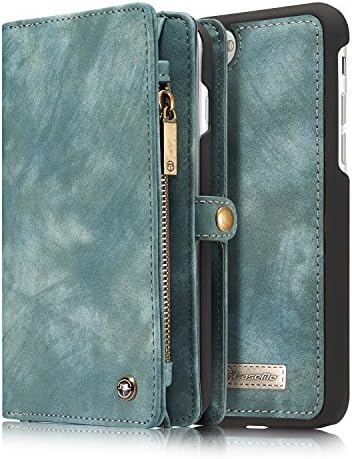 iPhone 7 Plus Case,iPhone 7 Plus Leather Wallet Case,NERVX Cowhide Leather Wallet Cover Case,[Zipper Wallet] Detachable Magnetic Hard Case,14 Card Slots for iPhone 7 Plus (Light blue)