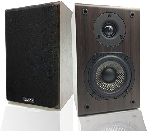 LONPOO 05BT Mini Bluetooth Bookshelf Speaker 30W *2 Classic Wooden Loudspeaker with Carbon Fiber Woofer and Silk Dome Tweeter, Wood (Pair)