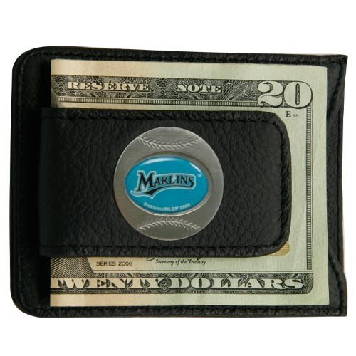 Florida Marlins Black Leather Card Holder & Money Clip