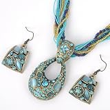 Handmade Vintage Antique Bronze Royal Blue Crystal Gem Stone Oval Shape Short Necklace Dangle Hook Earrings Set