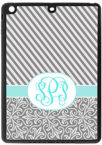 Gray Vintage European Pattern & Gray White Stripes Cyan Monogram Initials Personalized Custom iPad Air Best Plastic Case