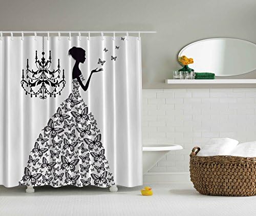 Designer's Collection Digital Graphic Print Butterfly Dress Shower Curtain Set Non Vinyl Bath Waterproof Fabric Resistant includes hooks2928
