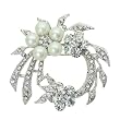 White Bead and Silvertone Clear Crystal Flower Brooch Pin