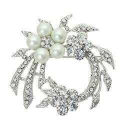 White Bead and Silvertone Clear Crystal Flower Brooch Pin