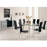 9pc Contemporary Pearl Silver Metal Dining Table & Black Chairs Set