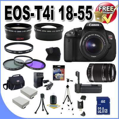 Canon EOS Rebel T4i 18.0 MP CMOS Digital SLR with 18-55mm EF-S IS II Lens & Canon 55-250IS II Lens + 58mm 2x Telephoto lens + 58mm Wide Angle Lens (4 Lens Kit!!!!!!) W/32GB SDHC Memory + Battery Grip + 2 Extra Batteries + Charger + 3 Piece Filter Kit + UV Filter + Full Size Tripod + Case +Accessory Kit