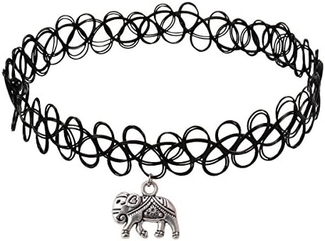 Longil Women Vintage Black Gothic Stretch Elastic Double Line Henna Tattoo Choker Collar Necklace with Elephant Pendant Charm Hippy Popular for 80s 90s