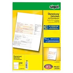 Sigel ZV512 PC-�berweisung/Zahlschein, OCR-Spezialpapier (Ink/Laser), beleglesef�hig, MP, (Ink/Laser), 90 g, A4, 250 BL