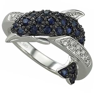 14K White Gold Blue Sapphire Diamond Dolphin Ring