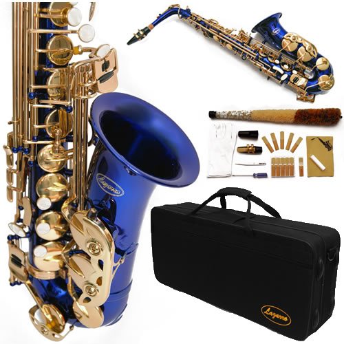 360-BU - BLUE/Gold Alto Saxophone Lazarro+12 Reeds,Music Pocketbook,Pro Case and Care Kit - 12 COLORS Available ! CLICK on LISTING to SEE All Colors